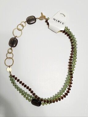 Mixit Green and Brown Layered Beaded Necklace Goldtone w/ Rings size 25"